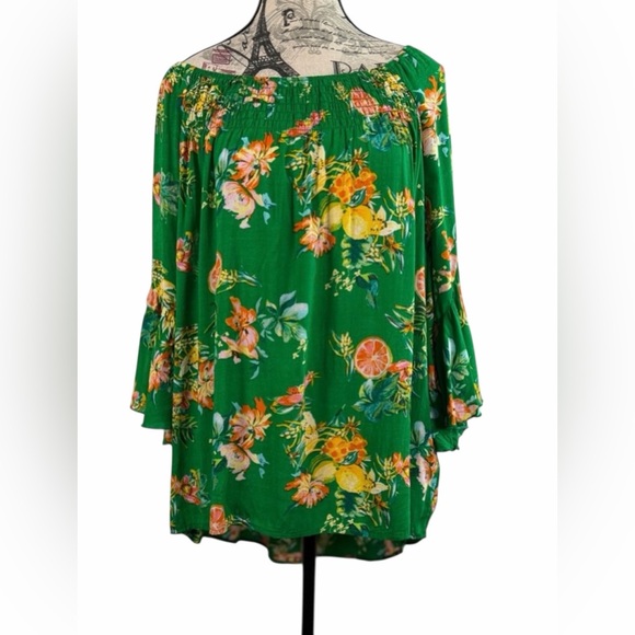 Cato Tops - Cato Green Floral Boho Chic Off-Shoulder Tunic with Citrus Print Size L